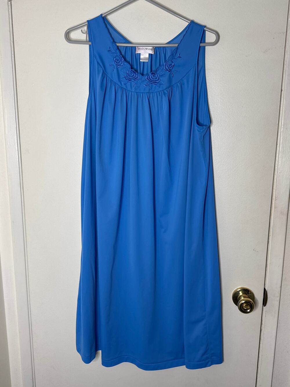 Vintage Shadowline Petals Nightgown Blue Nylon Embroidered Rose Sleepwear L